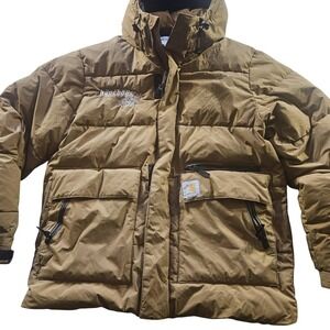 Carhartt WIP Jacket Mens Medium Brown Puffer Embroidered Hypeboys Dice Flames